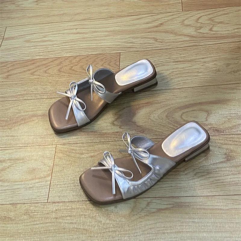 

Fashion 2025 New Open Toe Women s Slippers Fashion Outdoor Casual Summer Butterfly-knot Best Seller Comfortable Non-Slip Shoes for Women 40 серебряный