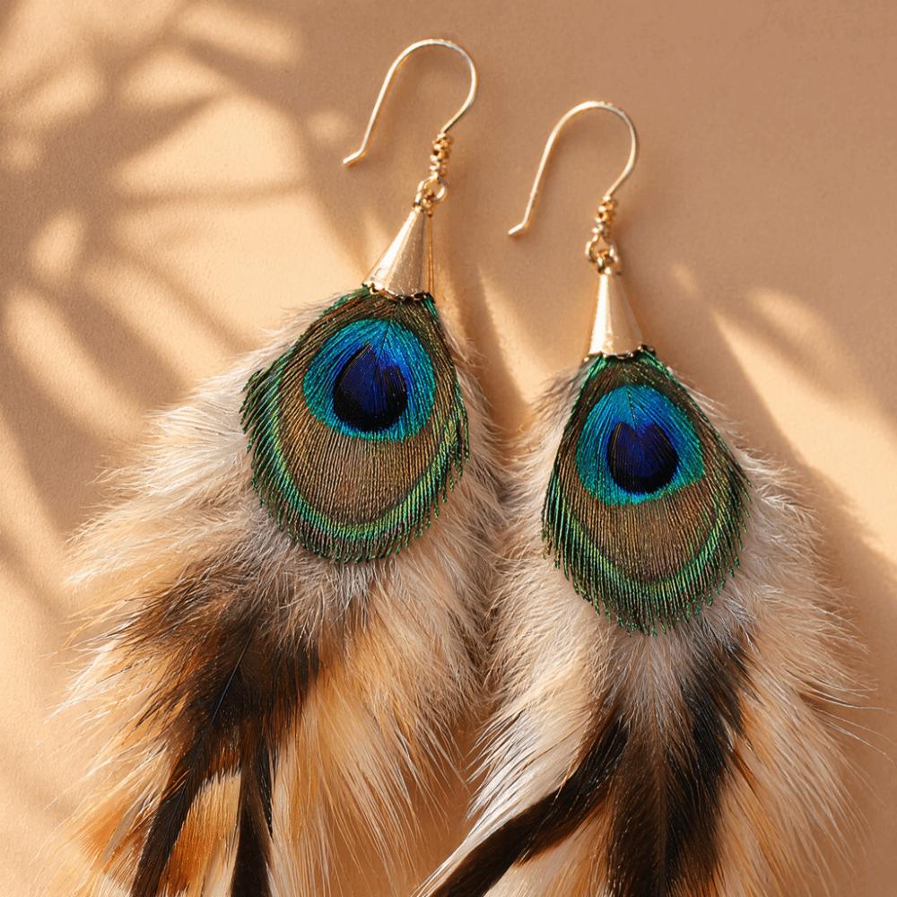 Orecchini Pendenti Lunghi con Piume Boho Orecchini a Nappa Etnici con Pavone Vacanza al Mare