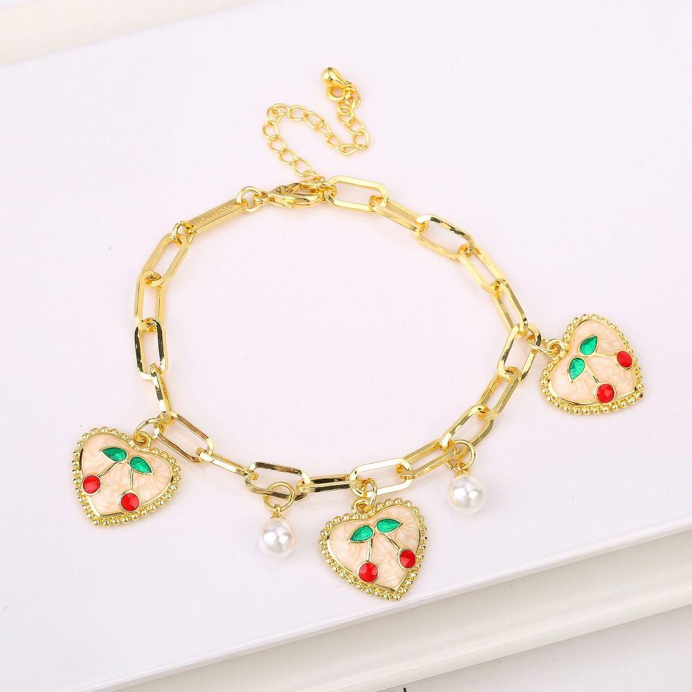Fruit Cherry Charm Bracelet Gold Plated Metal Bracelet New Design Cherry Pearl Bracelet  Party