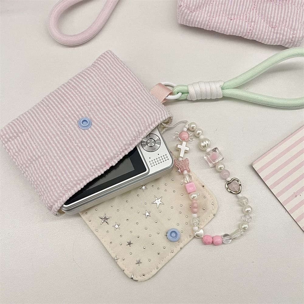 Kawaii Mini Earphone Storage Bag Stripe Snap Button CCD Camera Storage Bag Star Card Key Purse For Women Girls