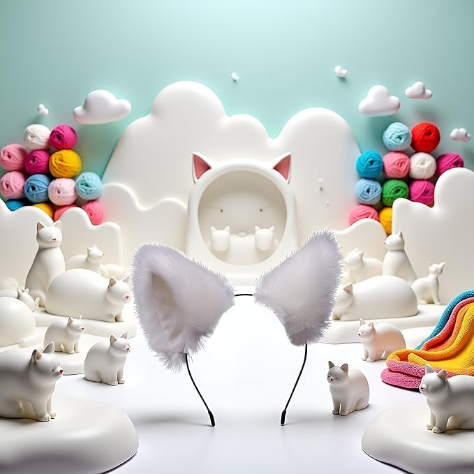 Qintreesify Süßes Katzenohren-Stirnband mit langem Fell und Fuchsohren, Cosplay-Stirnband mit Glöckchen, Kopfschmuck für Party-Kostüme, Halloween-Haarreif, Weiß