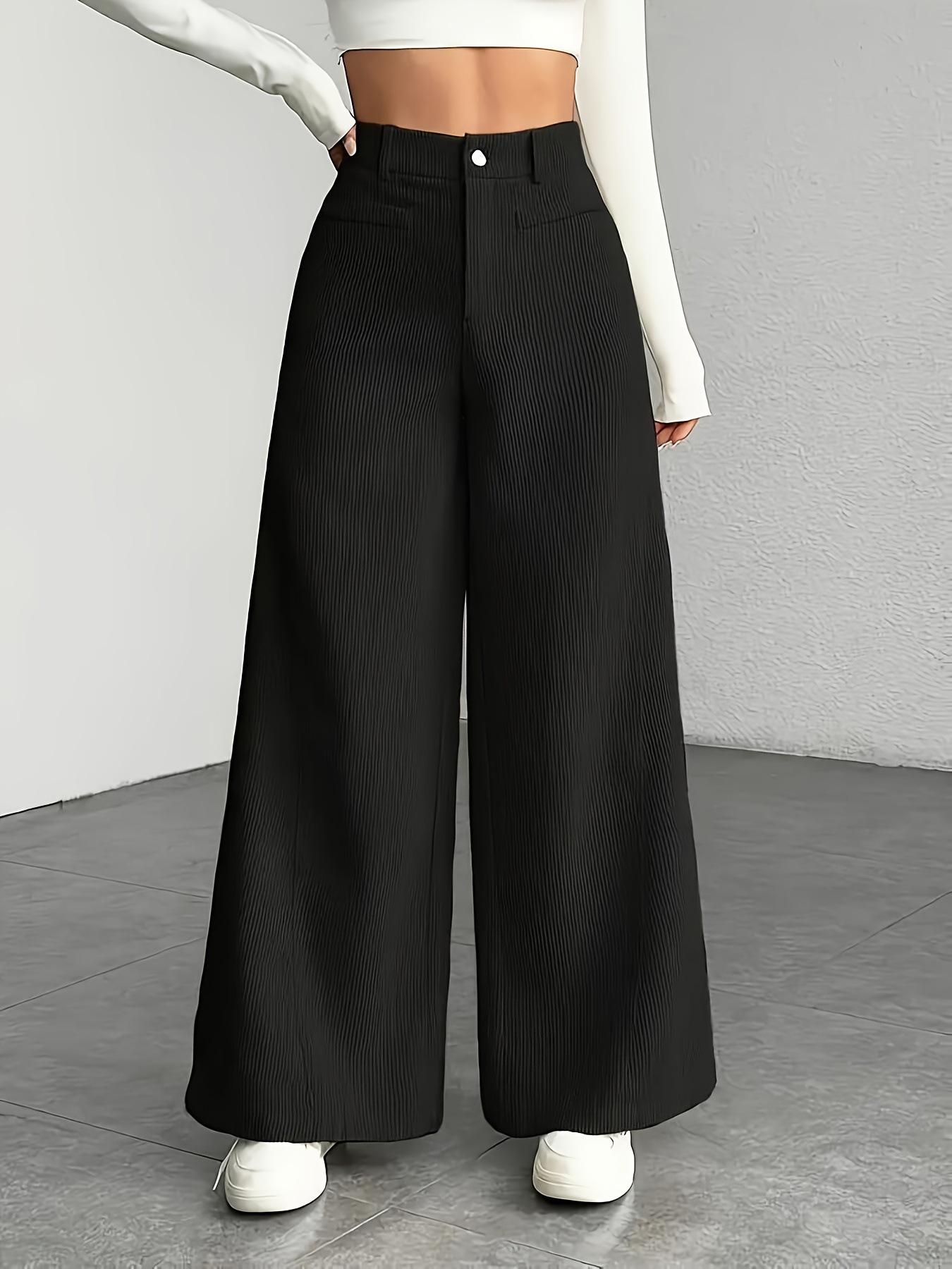 

Beige Wide Leg Pants with Vertical Stripes, High Waist Trousers with Button and Pockets XS чёрный