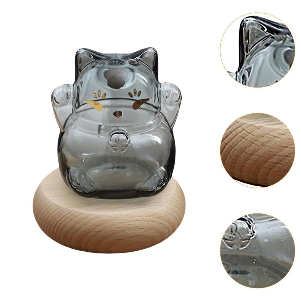 Glass Piggy Bank with Wooden Base Kitten Shaped Money Bank Money Saving Jar for