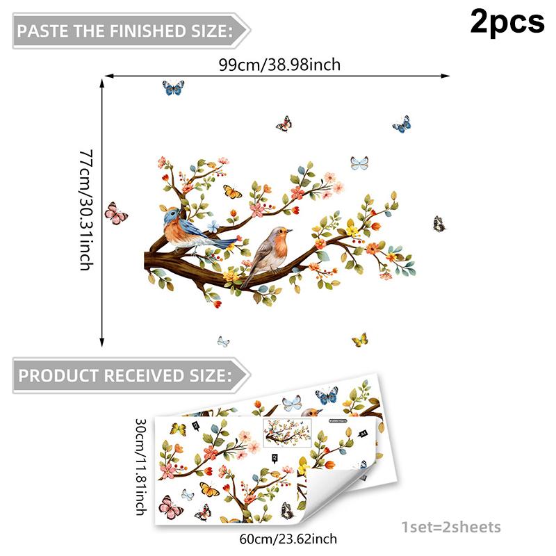 Kreativer Bunter Tuschemalerei Blumiger Pfirsichbaum Zweig Vogel Wandaufkleber Hintergrundwand Heimdekoration Selbstklebender Wandaufkleber