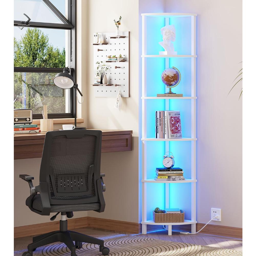 Corners Shelf with LED Light, 6-Tier Corner Bookshelf, Industrial Corner-Ladder Shelf, Modern Display Shelf for Living Room