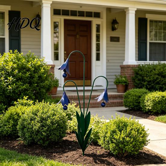 Handcrafted Metal Garden Stake Triple Bluebells with Bells Handmade Flower Yard Art Stakes With Wind Chimes Rustic Decorative Outdoor Bell for Lawn