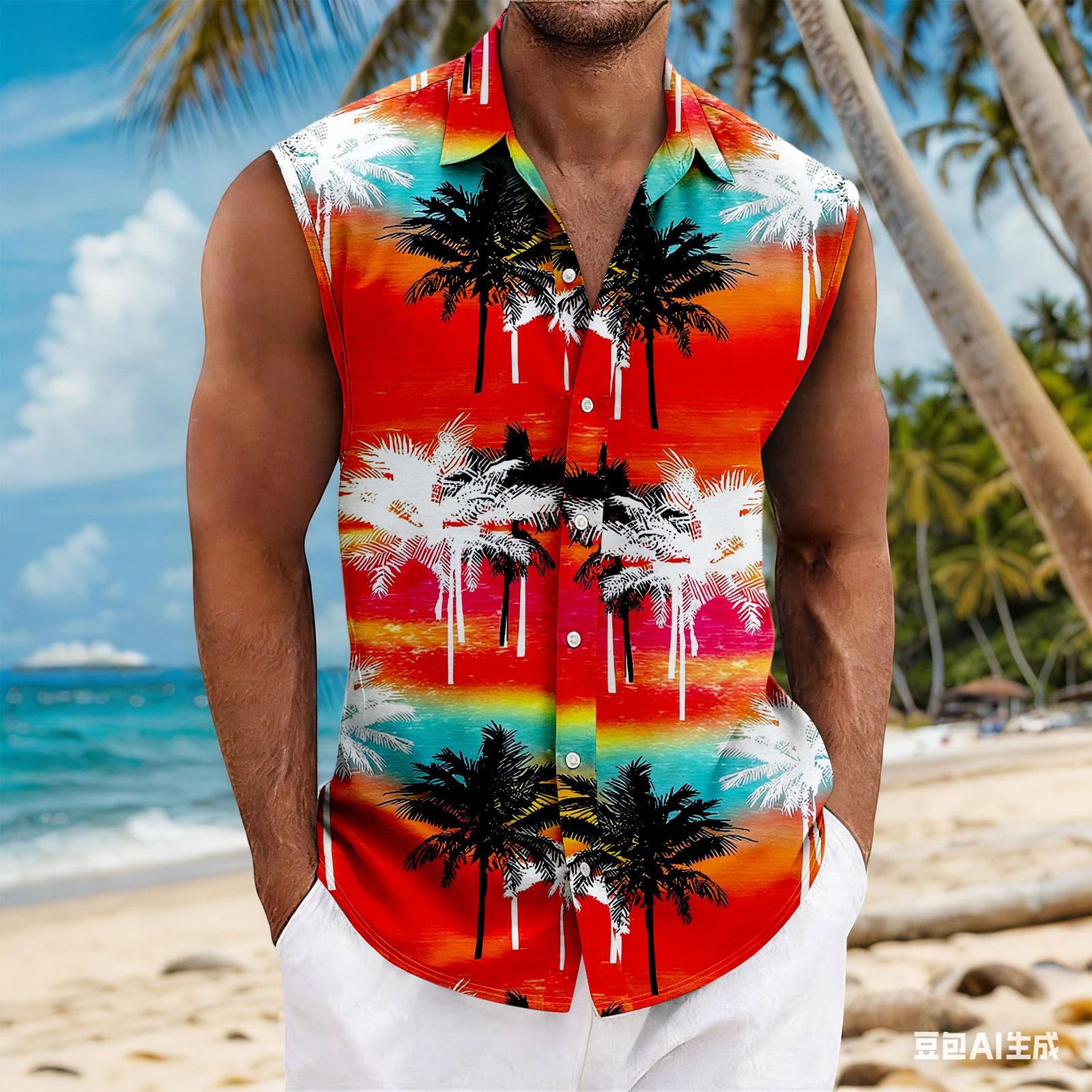 

Mens Sleeveless Button Down Shirt Leaf Print Casual Lapel Collar Relaxed Fit Lightweight Top for Summer Beach XL винний