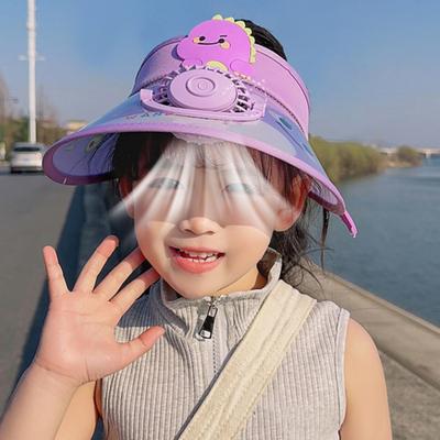Cartoon Kids Sun Visor Hat with USB Charging Fan UPF50+ Summer Beach Cooling Hat Outdoor Empty Top Wide Brim Sunhat for Boys Girls 3-10Y