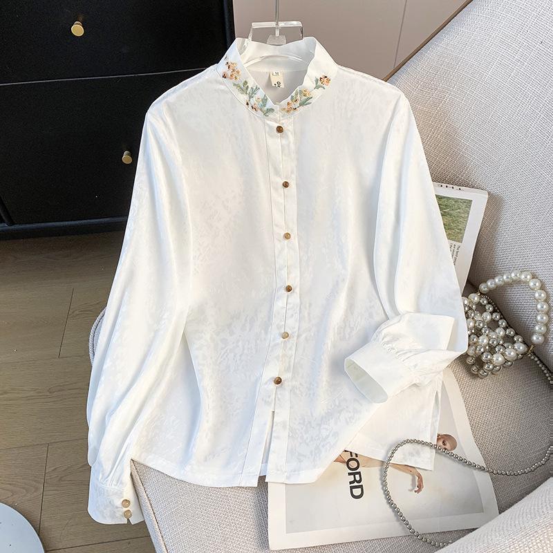 

Retro Embroidered Stand-up Collar Long-Sleeve Shirt - National Style Large