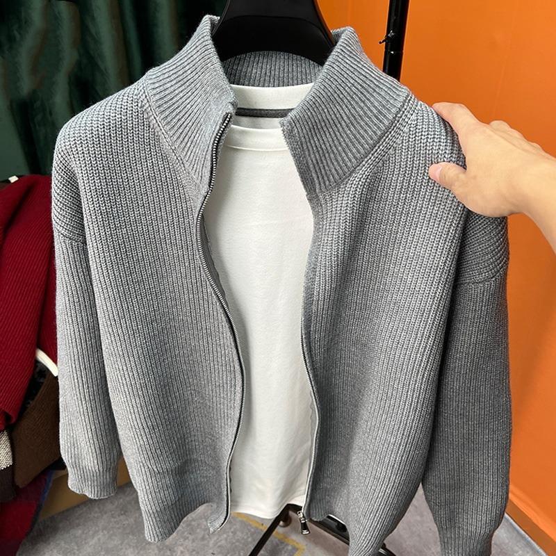 Herren Herbst Einfarbig Reißverschluss Strickpullover Slim Fit Stehkragen Jacke