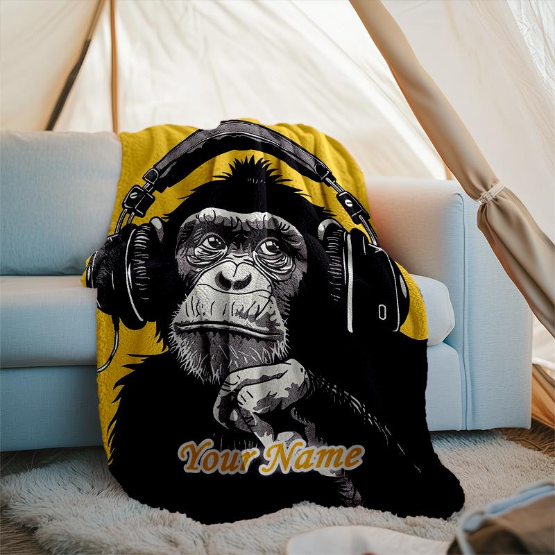 1PC Custom Name Monkey Music Headphones Art outdooor Flannel blankets Patterns Throw Blanket All-Season Soft Gift for Couch, Bed, Camping gifts