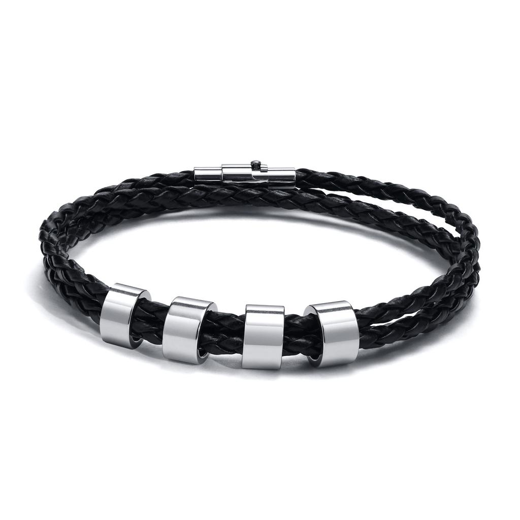 Vnox Free Custom Name Mens Braided Genuine Leather Bracelet Gifts Jewelry,Stainless Steel Beads Charm with Family Names,Dad Gift