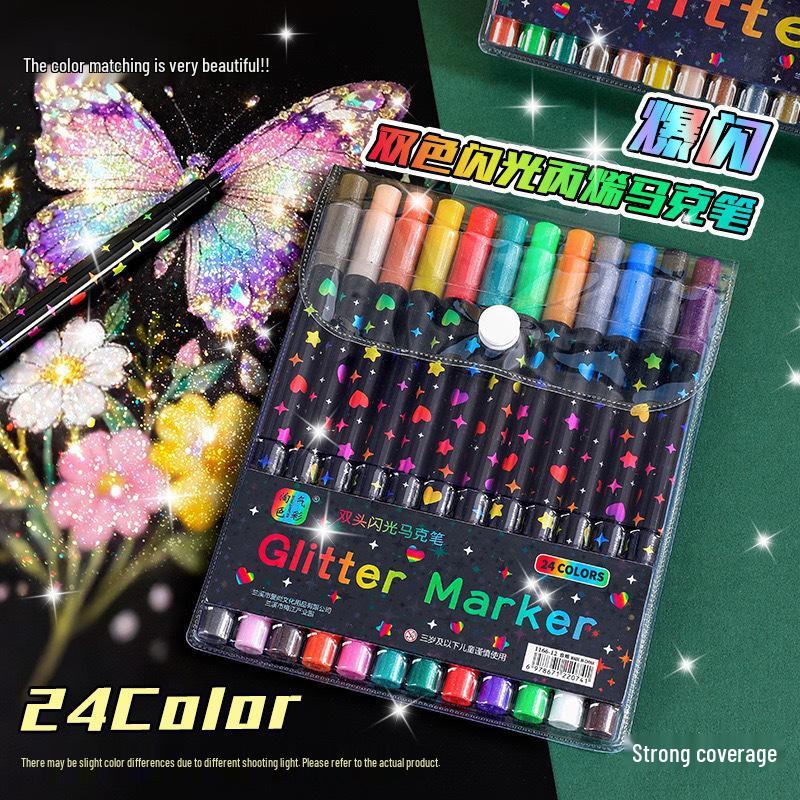 Double-Ended Glitter Marker Pen: Soft-Tip Watercolor Pen for Journaling & Painting, Non-Toxic & Washable, Ideal for Kids