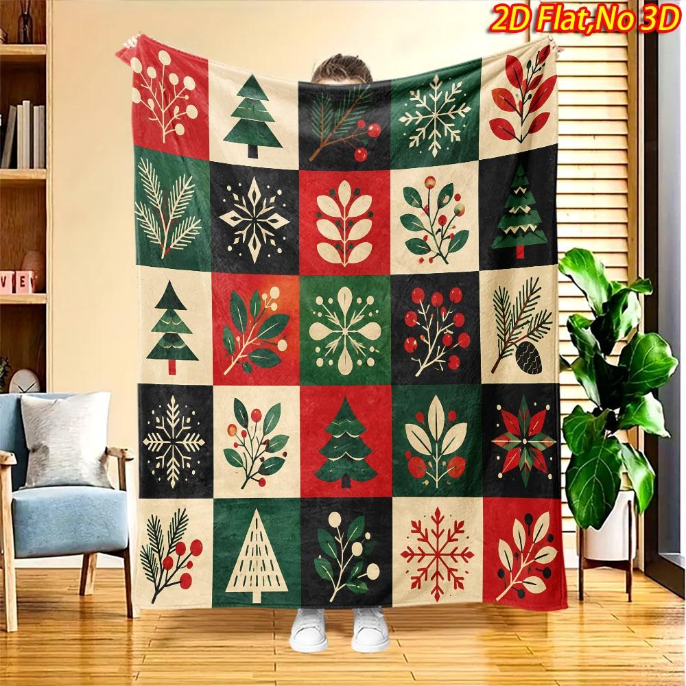 1pc 2D Flat Printing Spring And Summer New Arrival Retro Christmas Element Theme Digital Print Blanket, All-Season Use, Casual Throw, 100% Polyester F