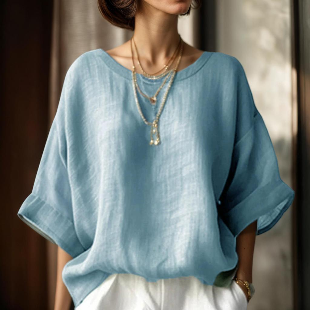 Women's Solided Color Comfortable Casual Round Neck Shoulder Loose Slim Shirt Top