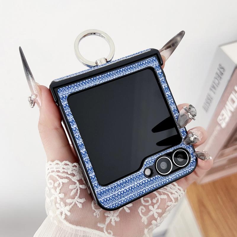 Skórzane etui składane Slim 3-częściowe w jednolitym kolorze w paski dla Samsunga Galaxy Z Flip6 Flip5 Flip4 Flip3 z uchwytem na pierścień, twarde PC, odporne na wstrząsy, matowe etui na telefon