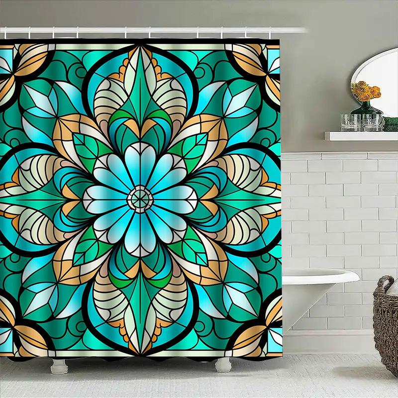 

Luxury Floral Pattern Shower Curtain with Colorful Stained Glass Design Waterproof Bathroom Decor for Home Decoration (Blue) 90x180cm