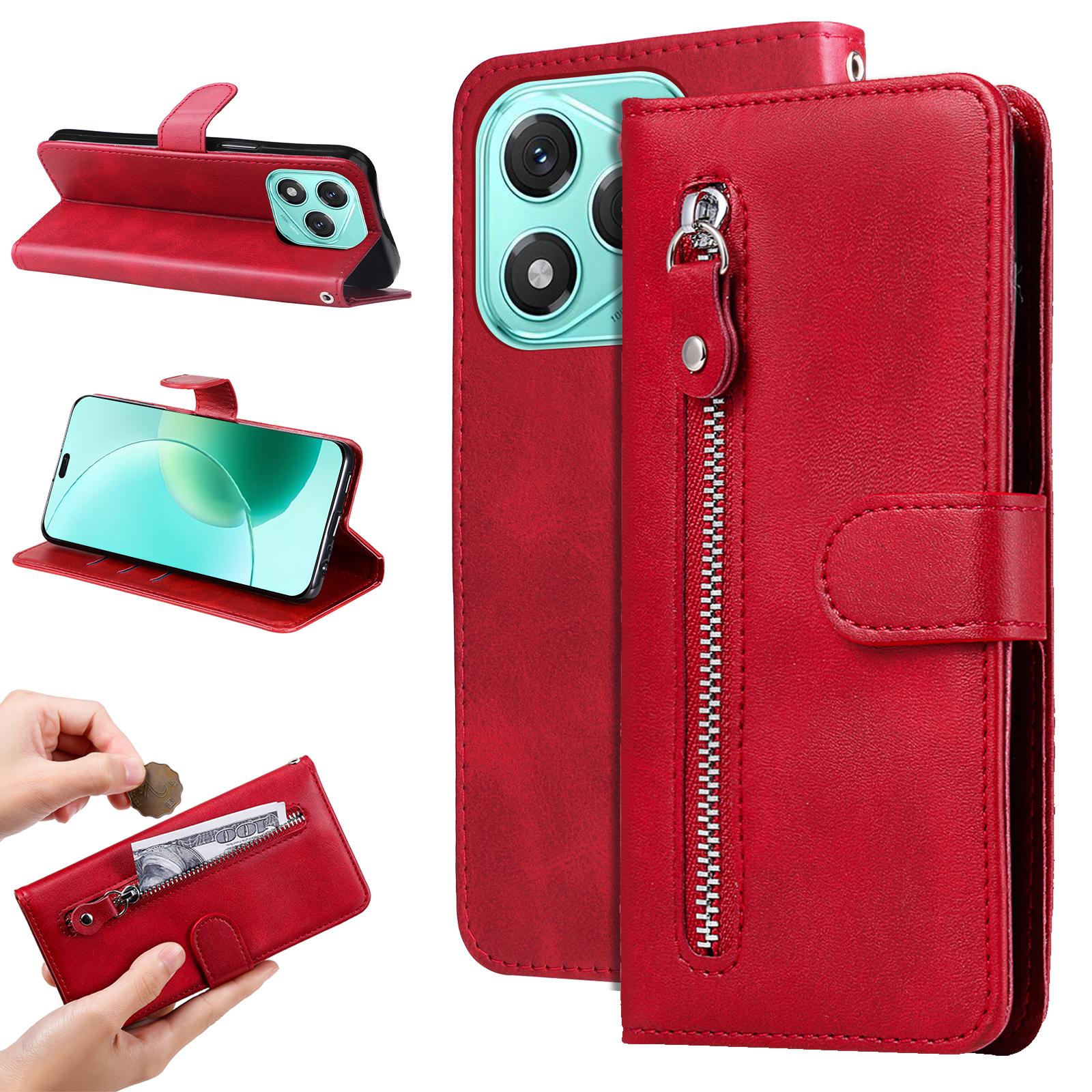 

For Honor 400 Lite PU Leather Cases with Zipper Pocket Wallet Phone Cover Stand Red