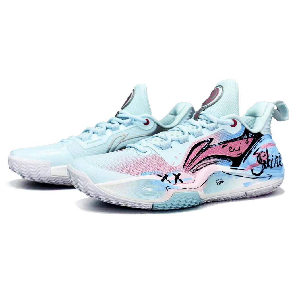 Li Ning Speed 9 Graffiti American Style Fabric Abrasion Resistant Lightweight Low top Basketball Shoes Unisex Pink Blue ABPT001-6()