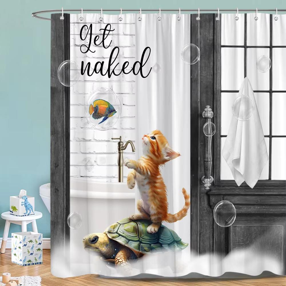 Funny And Creative Surfing Cat Shower Curtain, Bathroom Decorative Curtain, Printed Polyester Fabric Home Curtain With Hooks