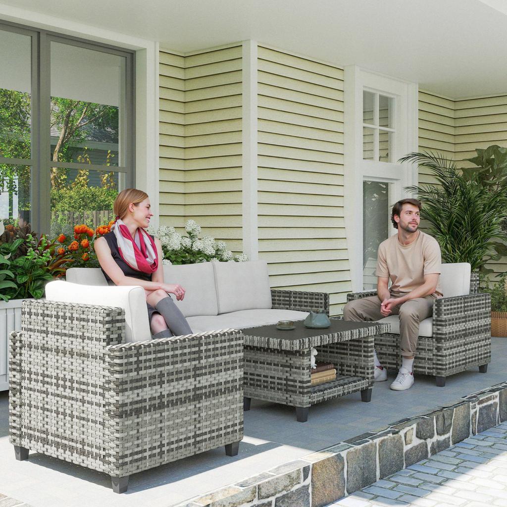 Six-Piece Modular Rattan Sofa Set - Light Grey