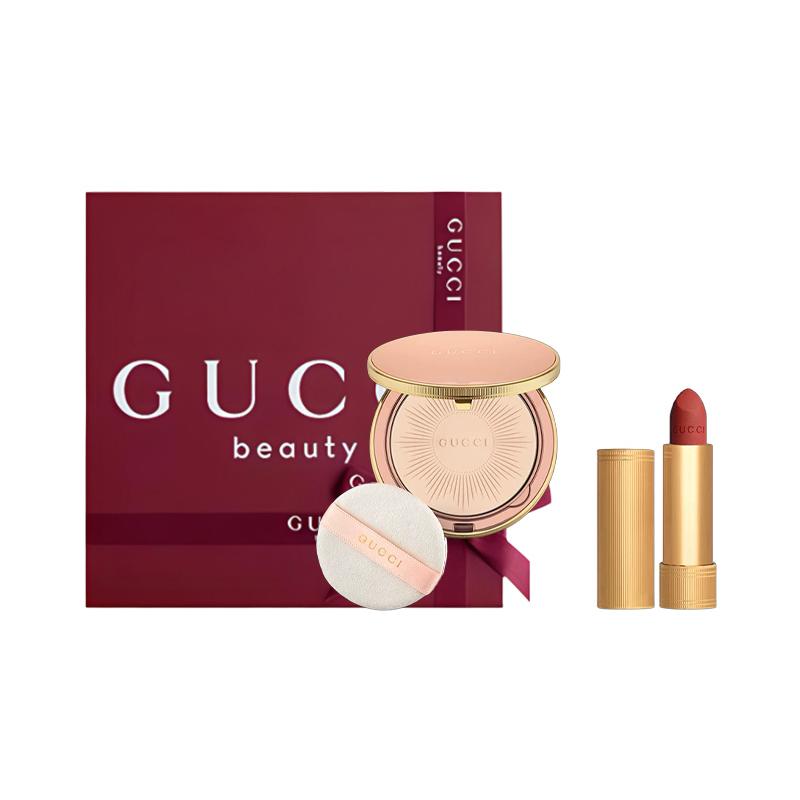 Gucci Makeup Set Small Gold Tube Soft Mist Three-piece Set: #00 Soft Focus Glowing Powder 10g + #217 Color Velvet Mist Lipstick 3.5g + Powder Puff