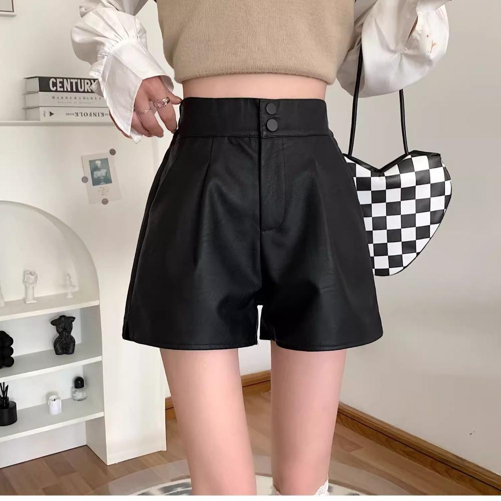 Damen Herbst Oberbekleidung Hohe Taille Schlankmachende A-Linie Weiter Bein PU-Leder Shorts Herbst Winter Mini Shorts Vielseitig Schlanke Passform Heißhosen