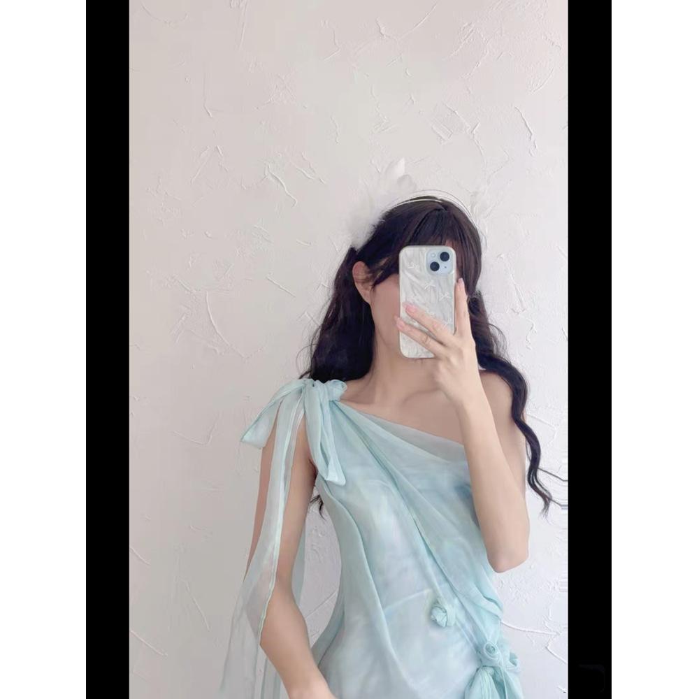 

Французское платье с сеткой на одно плечо, темпераментное, элегантное, в стиле морского отдыха, облегающее, красивое платье в стиле дочери XL- (recommended 110-60kg)