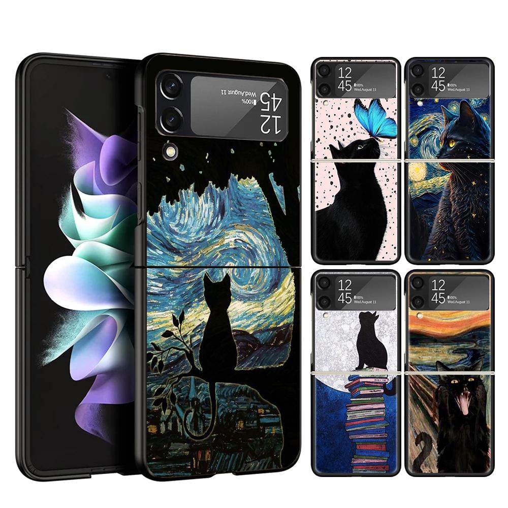 Black Cat Cartoon Cute Cover Phone Case For Samsung Galaxy Z Flip 7 6 5 4 3 5G Flip7 Flip6 Flip5 Flip4 Flip3 Black Fundas Shell