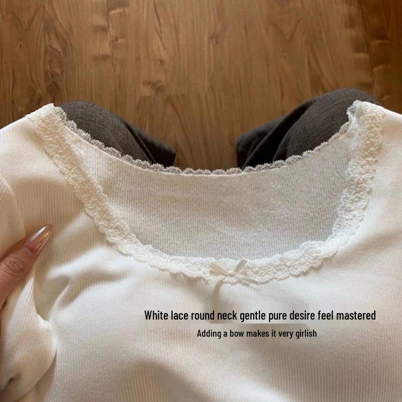 Women's Slim Fit Lace Trim Long Sleeve Plush T-shirt for Autumn/Winter