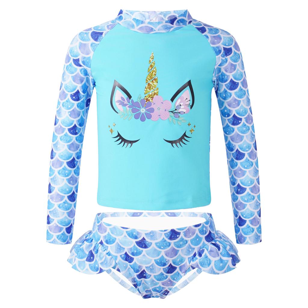 2-teiliges Kinder-Badeanzug-Set für Mädchen mit Fischschuppen-Aufdruck, Strand-Outfits, Tops und Slips mit Cartoon-Pferd-Aufdruck, Strandbadebekleidung, Badeanzüge