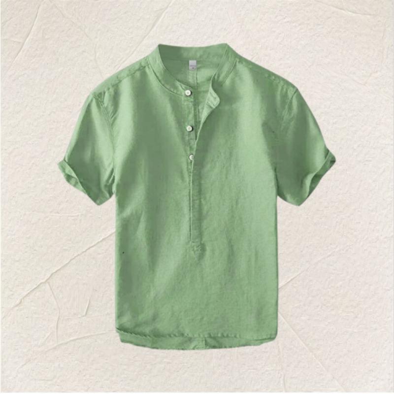 Men S Casual Solid Color Short Sleeve Stand Collar Loose Fit Shirt