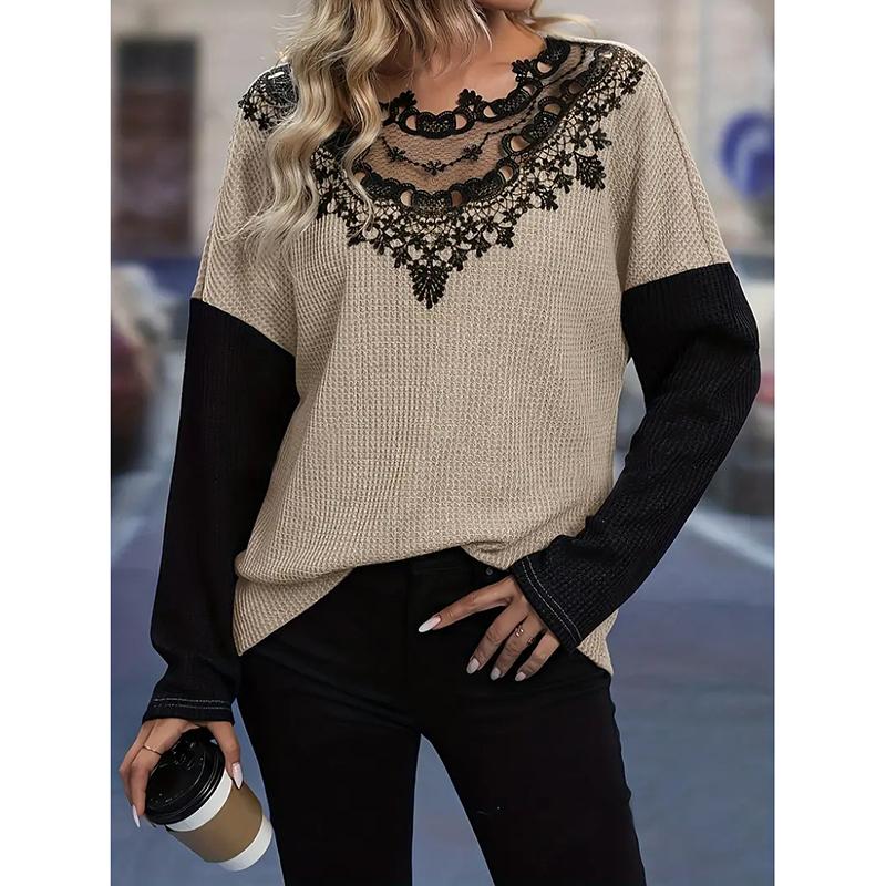 Autumn/Winter New Women's Fashion Style Casual Commuting Sexy Splicing Solid Color Long Sleeve Lace Knitted T-shirt