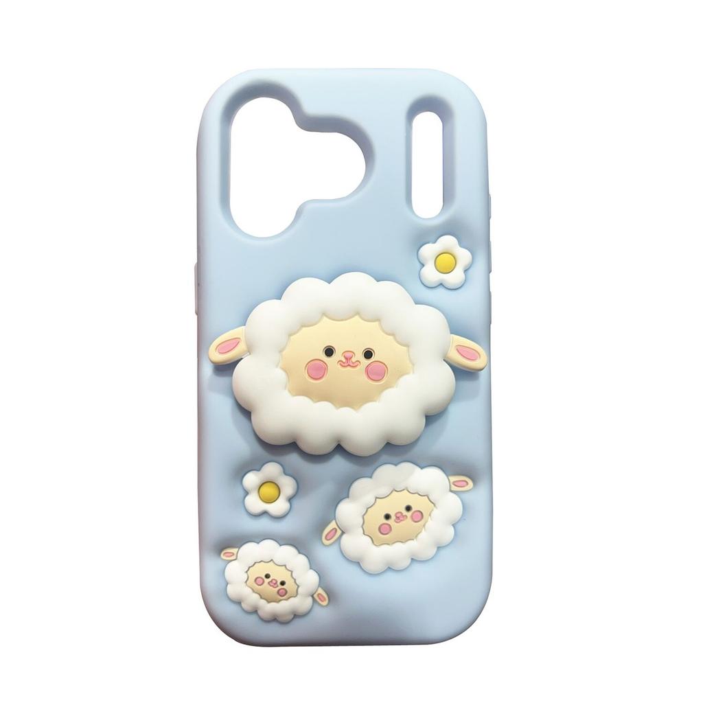 For iPhone 13 14 15 16 17 Pro Max Cute Cartoon 3D Sheep Soft Silicone Case Phone Back Cover Bracket