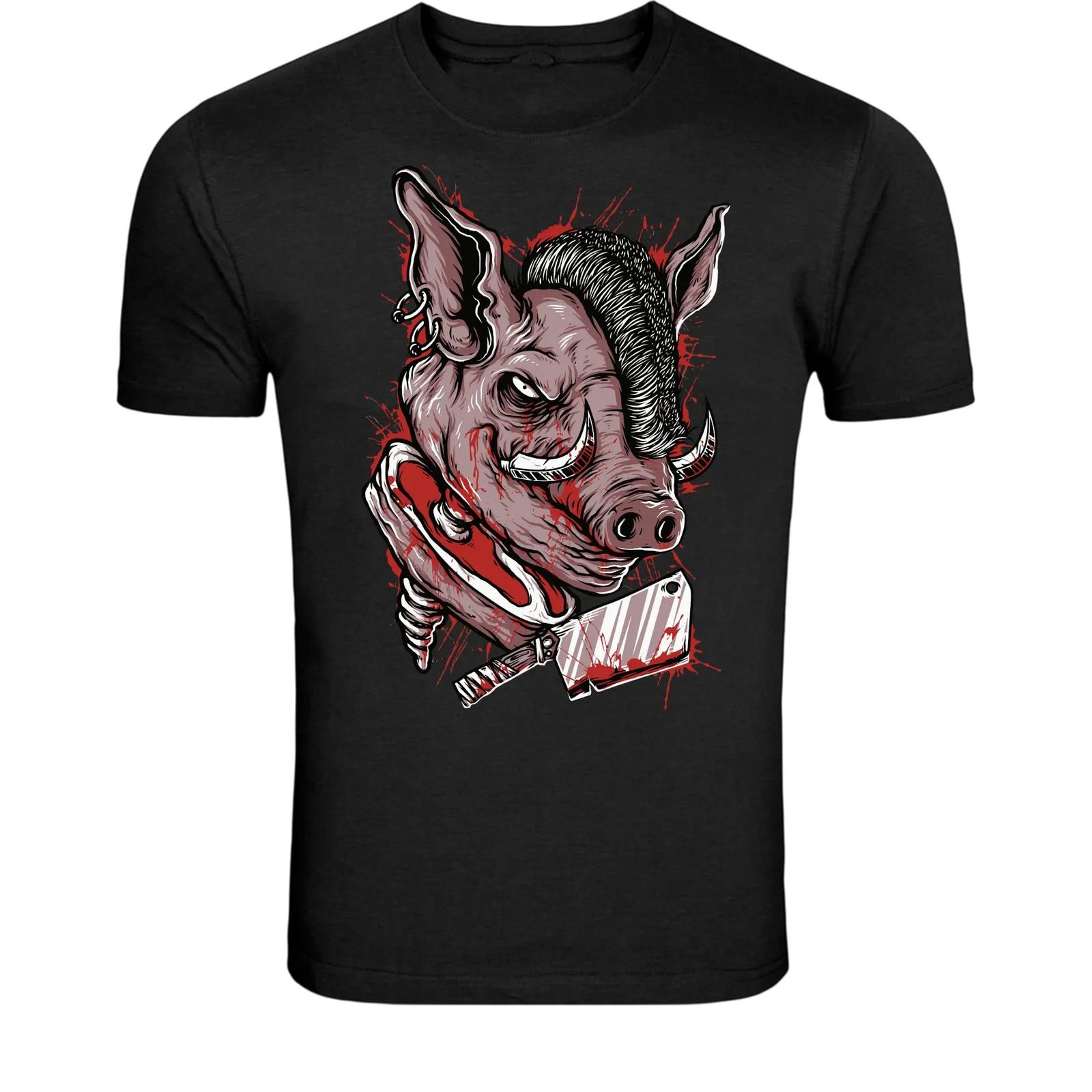 

Evil Pig Butcher T-Shirt - Horror Pig With Cleaver Graphic Tee L