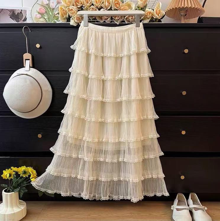 Elegant Autumn Layered Mesh Cake Skirt - Women's Slim-Fit Long Fluffy Gauze Umbrella Skirt