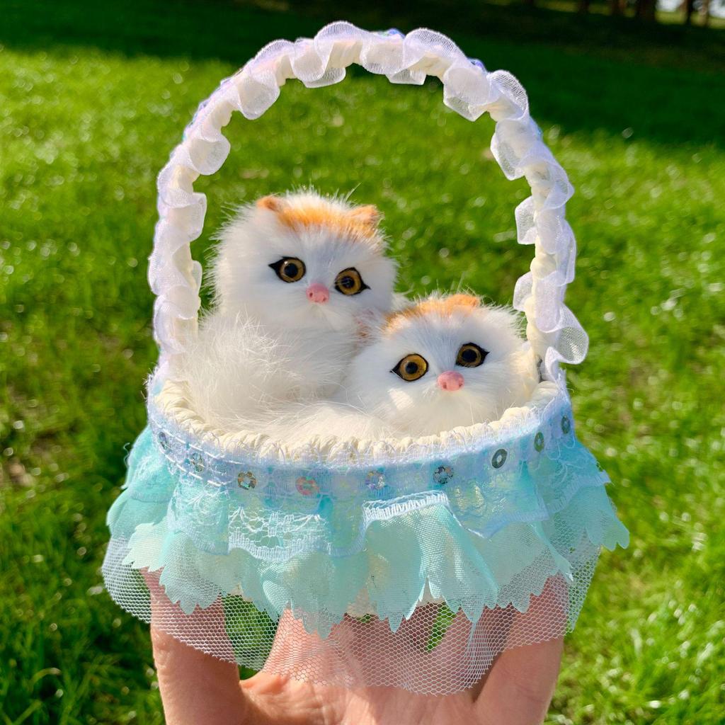 Mother Cat and Kitten with Basket Figurine - Toy Gift for Kids or Girlfriend