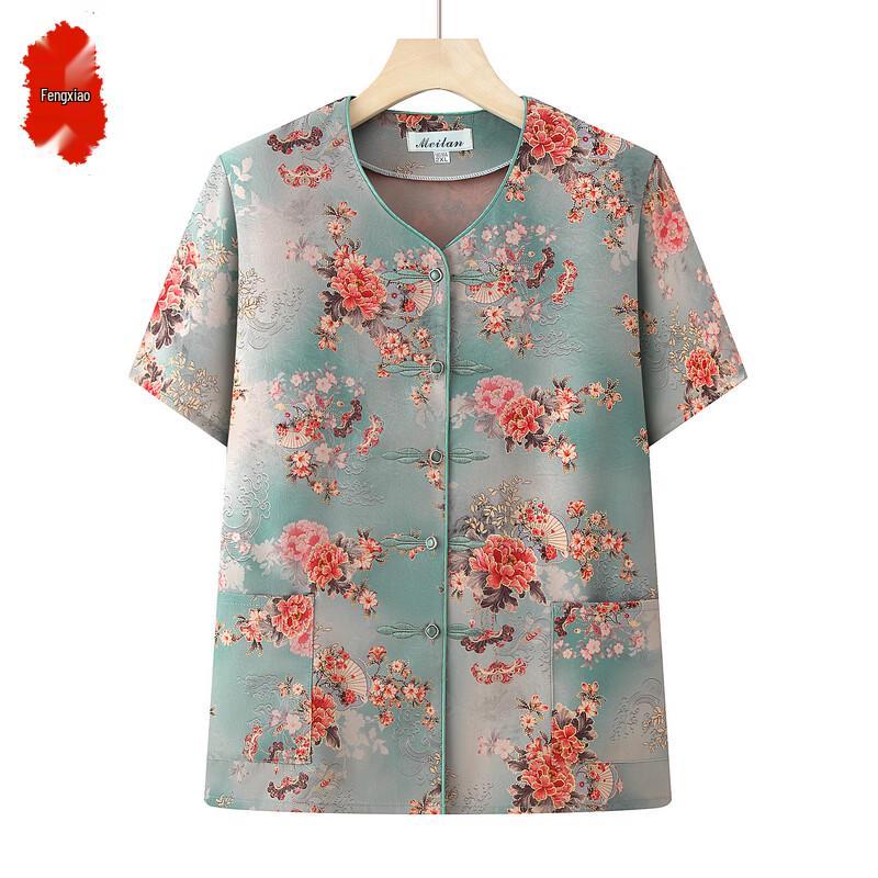 Women s Printed Short Sleeve Cardigan Top for Seniors 5XL