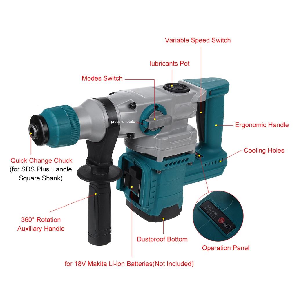 2-IN-1 Rechargeable Brushless Cordless Electric Rotary Hammer Impact Drill 1300W Power Tool For 18V Battery 4200RPM
