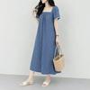 Mizqz Women Summer Flower Square Neck Long Dress Denim Mood Resort Dress