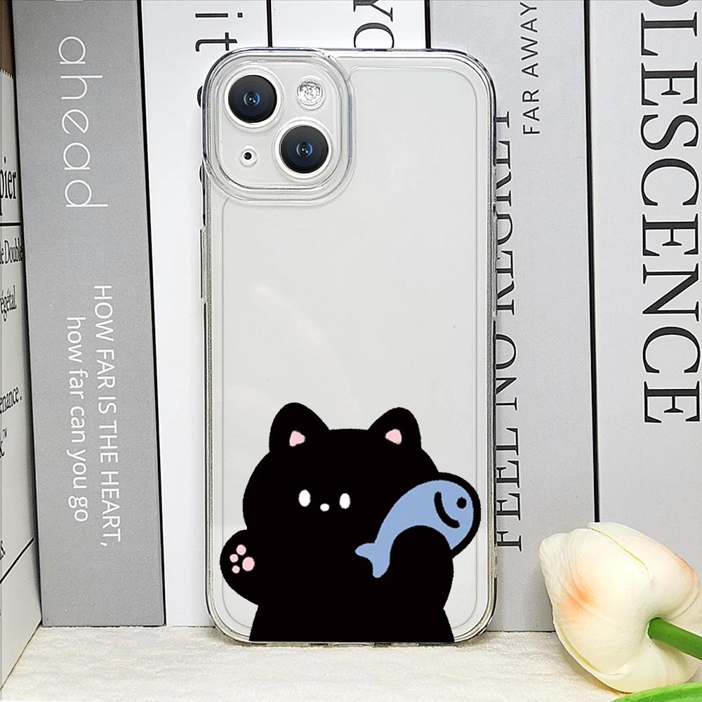 Funda de Teléfono Pareja Gato Pez Dibujo Animado Divertido para IPhone 16 15 14 11 12 13 Pro Max 7 8 Plus Mini XS XR Transparente Blanda Fundas