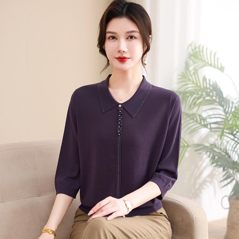Lapel 3/4 Sleeve Lyocell Silk T-shirt with Rhinestones for Middle-Aged and Elderly Women 4XL (recommended 135-150 jin)