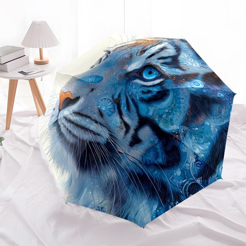 Tiger Head  Pattern, Automatic Folding Umbrella, Portable and Foldable Design, 8 Ribs, a Christmas or Birthday Gift.