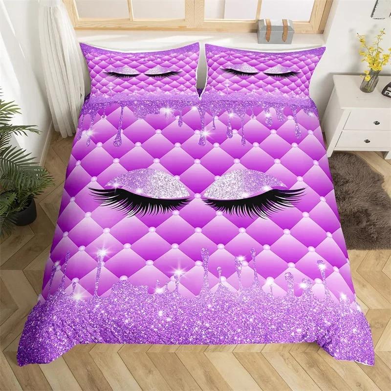 Smile Eyelash Duvet Cover Set Glitter Fragments Dreamy Twin Queen Bedding Set Microfiber Eyelashes Make Romantic Comforter Cover