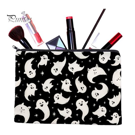 Large Capacity Pencil Bag Storage Bag, Halloween Pattern Print, Durable Canvas Zippered Clear Print Cosmetic Organizer Travel Toiletry Case,