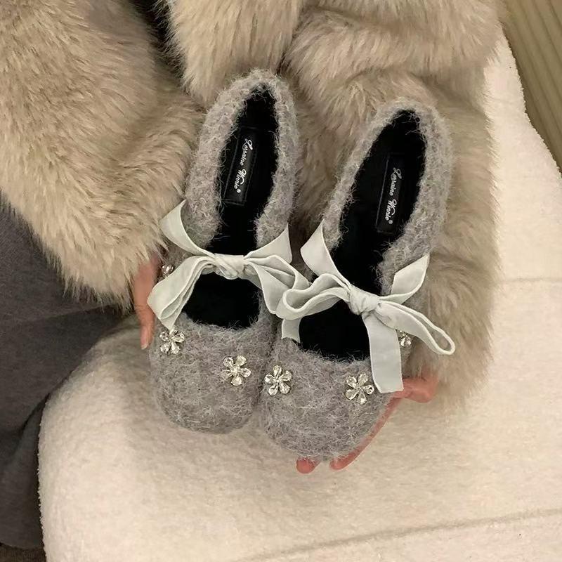 Rhinestone inner heightening fleece square head Mary Jane single shoes women's autumn and winter platform ballet shoes fluffy ladyshoes