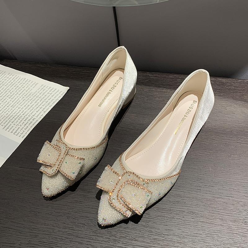 French pointed single shoes women's 2025 spring and autumn new shallow mouth rhinestone fairy shoes gentle thick heel one pedal bridesmaid shoes
