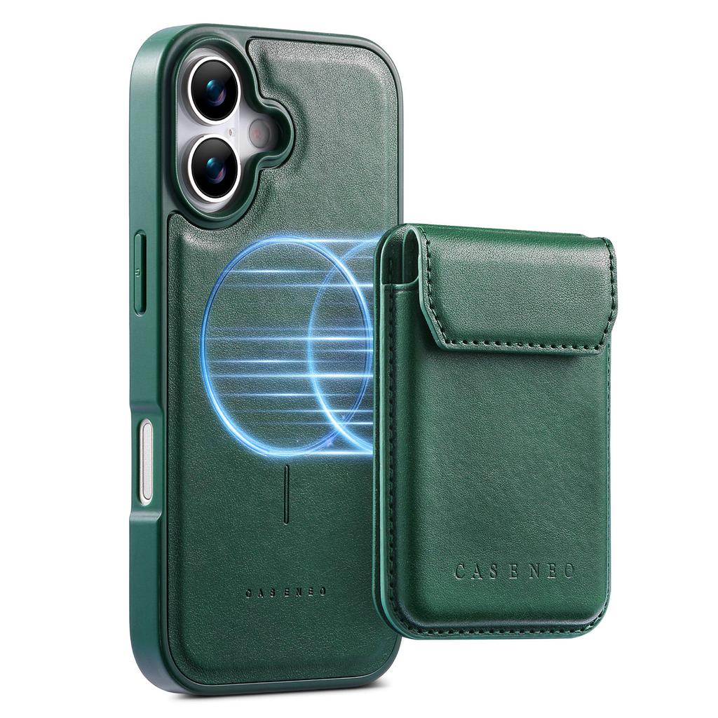 CASENEO For iPhone 17 Magnetic Case PU Leather PC Phone Cover with Detachable Card Holder Kickstand Compatible with MagSafe
