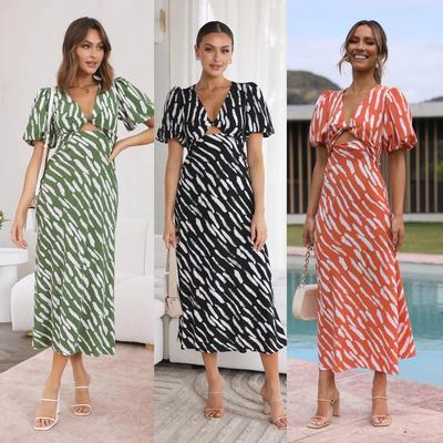 Women Spring Striped Print Short Sleeve V-neck Dress Summer Casual A-Line High Waist Long Dresses S-XL