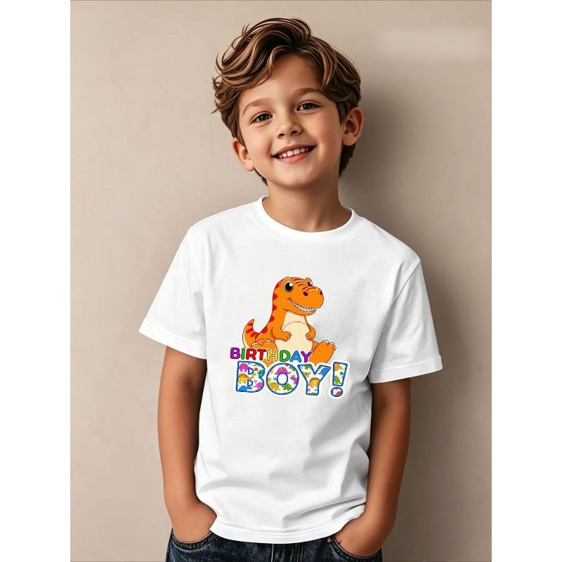 Boys Crew Neck Short Sleeve T-Shirt with Cartoon Dinosaur & Letter Print 110